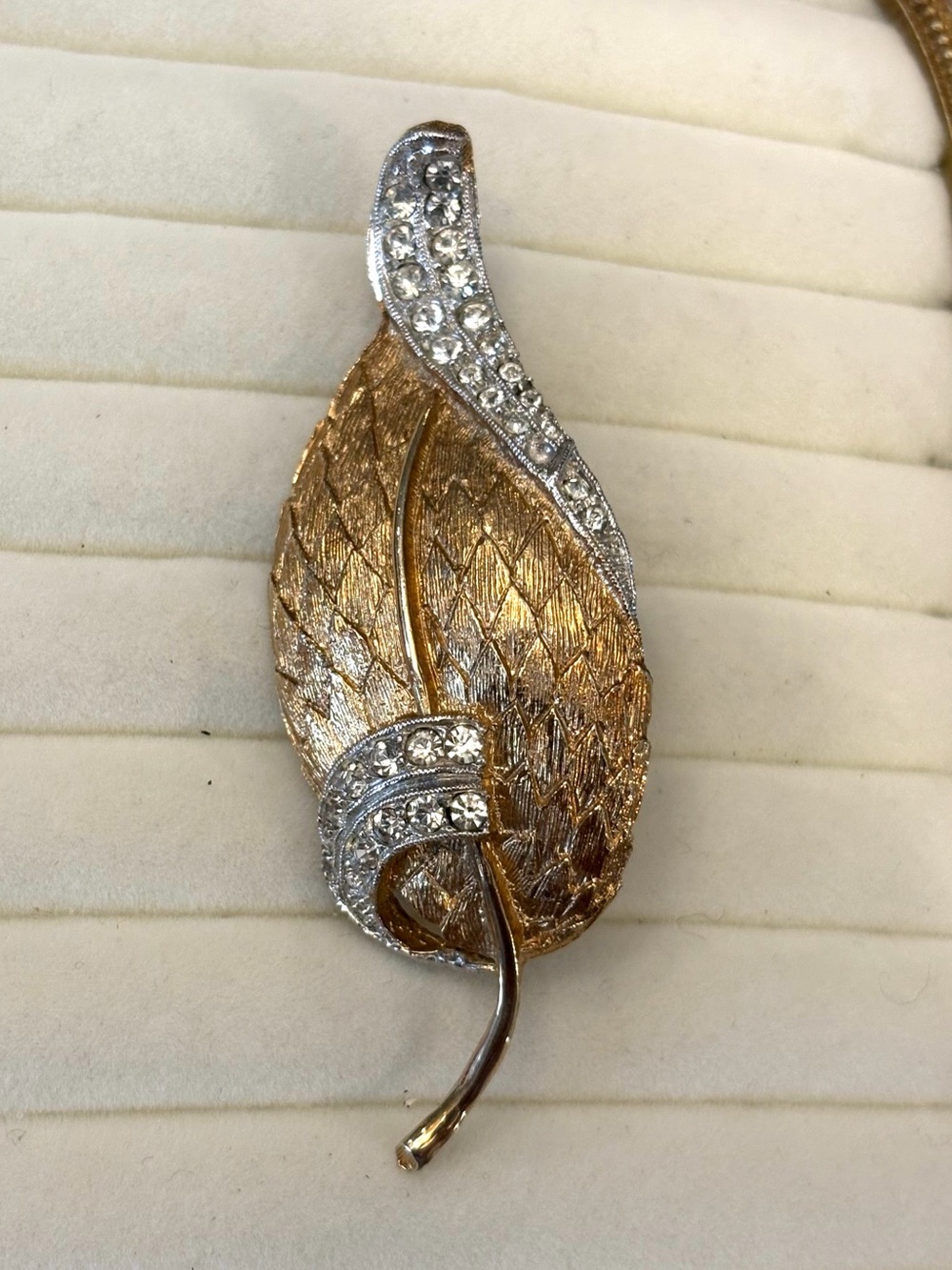Vintage Brassy Leaf Brooch Pin Clear Rhinestone Brush Textured Gold Tone Pin